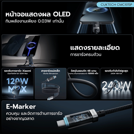 สายชาร์จแม่เหล็ก CUKTECH CMC615P สีดำ 6A 240W  มีจอ USB-C TO USB-C รองรับชาร์จเร็ว PD3.1_2
